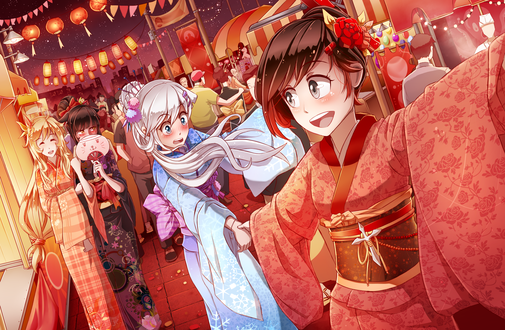 Обои на рабочий стол Ruby Rose / Руби Роуз, Weiss Schnee / Вайс Шни, Blake Belladonna / Блейк Белладонна, Yang Xiao Long / Янь Сяо Лун в юкатах веселятся на праздничной ярмарке аниме RWBY / Красный, Белый, Черный, Желтый