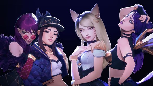 Обои на рабочий стол Evelynn / Эвелинн, KaiSa / КайСа, Ahri / Ари и Akali / Акали из игры League of Legends / Лига Легенд, by Thibaut Granet