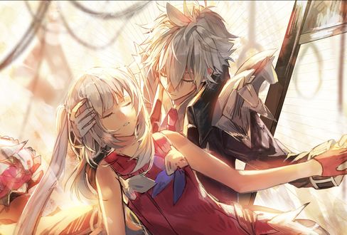 Обои на рабочий стол Парень держит спящую девочку, персонажи из аниме Fate Grand Order / Судьба Великий приказ