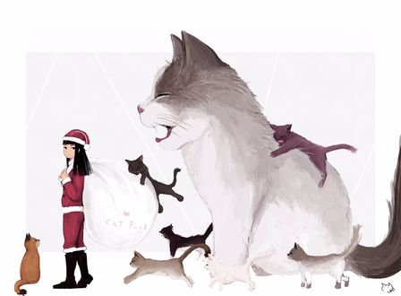 Обои на рабочий стол Девочка в новогоднем костюме с мешком за спиной и кошками