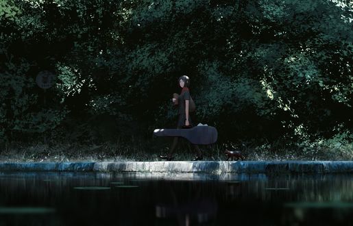 Обои на рабочий стол Девушка с гитарой в футляре идет вдоль реки, by GUWEIZ