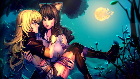 Обои на рабочий стол Blake Belladonna / Блейк Белладонна несет на руках раненную Yang Xiao Long / Янь Сяо Лун арт аниме RWBY / Красный, Белый, Черный, Желтый