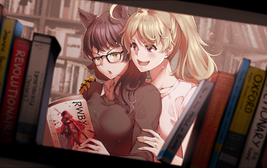 Обои на рабочий стол Blake Belladonna / Блейк Белладонна и Yang Xiao Long / Янь Сяо Лун рассматривают книгу с картинками арт аниме RWBY / Красный, Белый, Черный, Желтый
