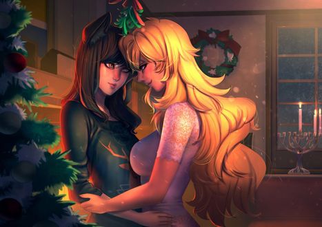 Обои на рабочий стол Blake Belladonna / Блейк Белладонна и Yang Xiao Long / Янь Сяо Лун арт аниме RWBY / Красный, Белый, Черный, Желтый