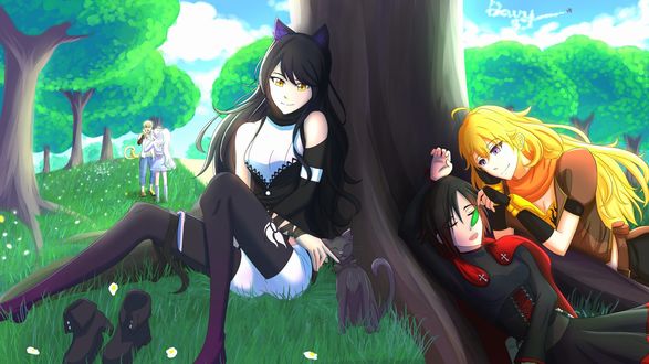 Обои на рабочий стол Blake Belladonna / Блейк Белладонна, Ruby Rose / Руби Роуз и Yang Xiao Long / Янь Сяо Лун отдыхают прислонившись к дереву. Weiss Schnee / Вайс Шни и Jaune Arc / Жан Арк разговаривают на небольшом расстоянии аниме RWBY / Красный, Белый, Черный, Желтый