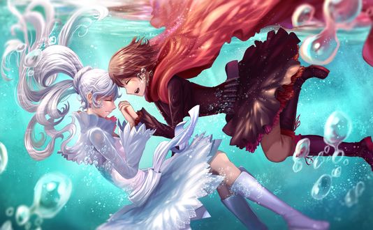 Обои на рабочий стол Ruby Rose / Руби Роуз и Weiss Schnee / Вайс Шни держатся за руки находясь в воде арт аниме RWBY / Красный, Белый, Черный, Желтый