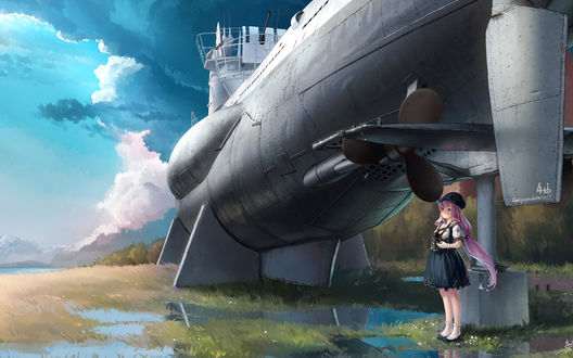 Обои на рабочий стол Девушка стоит у дирижабля, art by zhanjian shaonu