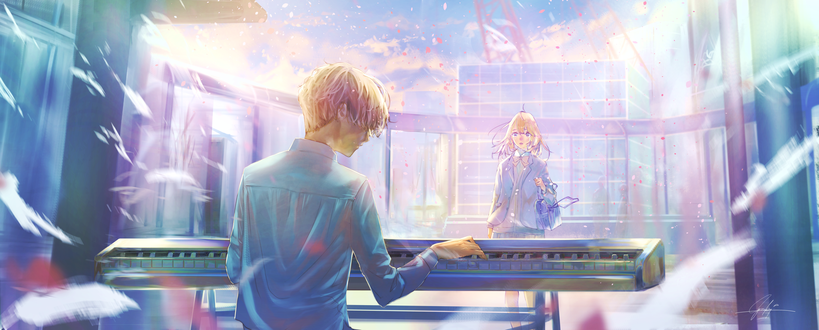 Обои на рабочий стол Kaori Miyazono смотрит на Kousei Arima, который играет на синтезаторе из аниме Shigatsu wa Kimi no Uso / Твоя апрельская ложь