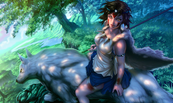 Обои на рабочий стол San / Сан на белом волке арт аниме Princess Mononoke / Принцесса Мононоке / Mononoke Hime
