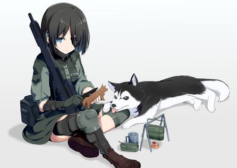 Обои на рабочий стол Девочка в военной форме с винтовкой, сидя на привале, вырезает ножом деревянную игрушку, рядом лежит собака породы хаски