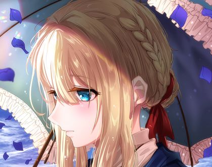 Обои Грустная Violet Evergarden / Вайолет Эвергардэн под зонтом из аниме Violet Evergarden