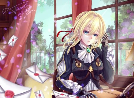 Обои на рабочий стол Грустная Violet Evergarden / Вайолет Эвергардэн сидит в комнате у окна среди разлетающихся писем из аниме Violet Evergarden