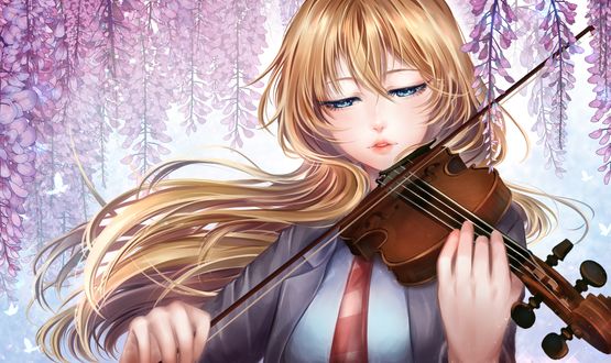 Обои на рабочий стол Kaori Miyazono / Каори Миязоно играет на скрипке, персонаж из аниме Shigatsu wa Kimi no Uso / Твоя апрельская ложь, art by hinayukisaki