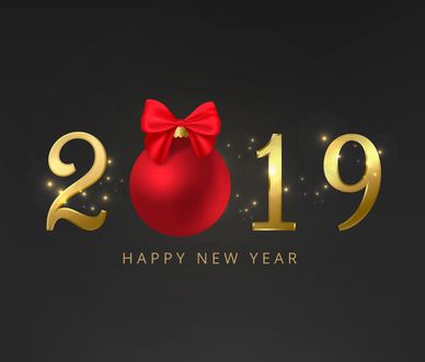 Обои на рабочий стол Цифры 2019 в золотом свечении и букву О заменяет новогодний красный шар, (Happy New Year / счастливого нового года)