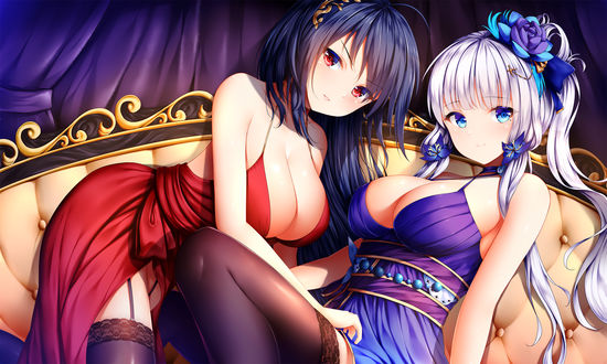 Обои на рабочий стол Taihou / Тайху и Illustrious / Илюстриус в красивых платьях, персонажи из мобильной браузерной игры Azur Lane, art by wsman