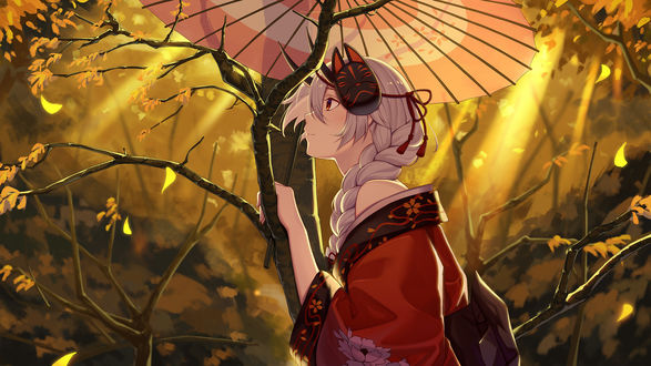 Обои на рабочий стол Tomoe Gozen / Томое Годзен с зонтом в руке стоит возле дерева, персонаж из мобильной онлайн-игры Fate / Grand Order, art by baseness