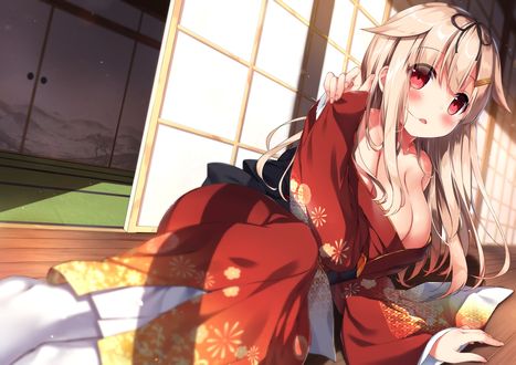 Обои на рабочий стол Смущенная Yuudachi / Юдачи в кимоно лежит на полу, персонаж из браузерной карточной игры в реальном времени и аниме Kantai Collection (KanColle) / Флотская коллекция, art by ezoshika