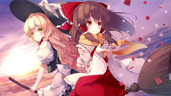 Обои на рабочий стол Kirisame Marisa / Кирисаме Мариса и Hakurei Reimu / Хакурей Рейму летят на метле, персонажи из серии компьютерных игр Touhou Project / «Проект «Восток»», art by gengetsu chihiro