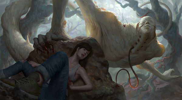 Обои на рабочий стол Раненная девушка прячется за камнем от демона в лесу, by Iqnatius Budi