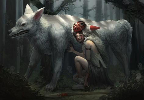 Обои на рабочий стол San / Сан и Моро / Moro арт аниме Princess Mononoke / Принцесса Мононоке / Mononoke Hime