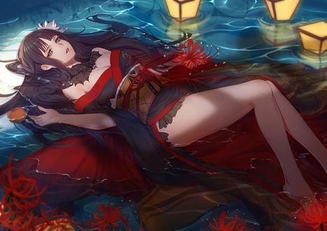 Обои на рабочий стол Yotsuyu / Йотсую лежащая на поверхности воды, персонаж из онлайн-игры Final Fantasy XIV / Последняя Фантазия 14, art by yoji (pl05030786)