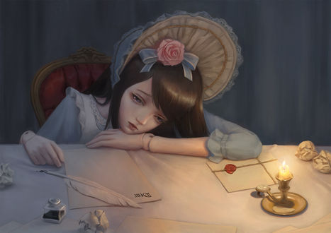 Обои на рабочий стол Печальная девушка-кукла пытается написать письмо, art by bibido