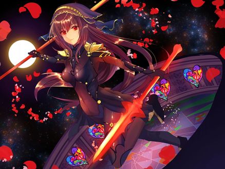 Обои на рабочий стол Lancer Scathach / Лансер / Копейщик / Скатах на фоне звездного неба и полной луны из онлайн RPG игры Fate / Grand Order