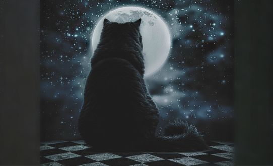Обои на рабочий стол Кошка сидит на фоне полной луны на ночном небе