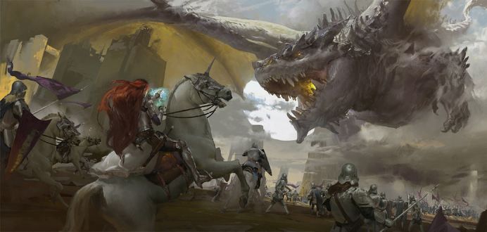 Обои на рабочий стол Рыцари и девушка-маг в битве с драконом, by Weijia Yu