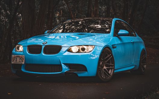 Обои на рабочий стол Голубой автомобиль BMW 5 Series у деревьев