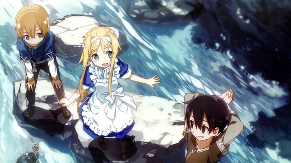 Обои на рабочий стол Kirito / Кирито, Eugeo / Юджио и Alice / Алиса играют около бурной речки арт аниме Sword Art Online Alicization / Мастера Меча Онлайн Алисизация