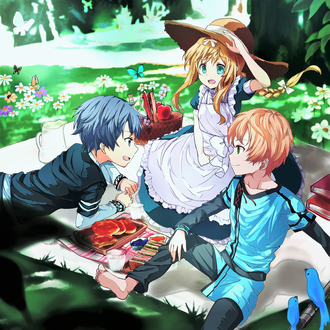 Обои на рабочий стол Kirito / Кирито Eugeo / Юджио и Alice / Алиса на пикнике арт аниме Sword Art Online Alicization / Мастера Меча Онлайн Алисизация