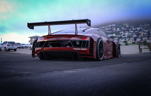 Обои на рабочий стол Спортивный Audi R8 на фоне города на холме, by Rostislav Prokop