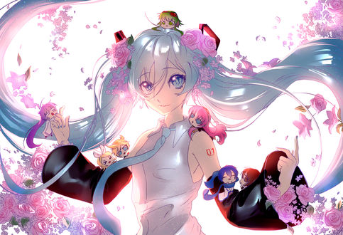 Обои на рабочий стол Vocaloid Miku Hatsune / Вокалоид Мику Хацунэ с чибиками Gumi / Гуми, Luka Megurine / Лука Мэгуринэ, Kaito / Кайто, Luka Megurine / Лука Мэгуринэ, Kagamine Rin и Len / Кагаминэ Рин и Лен, by My-Magic-Dream