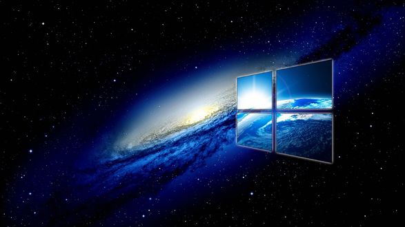 Обои на рабочий стол Логотип OC Windows с отражением планеты на фоне галактики в космосе