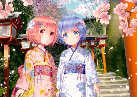 Обои на рабочий стол Дети Rem / Рем и Ram / Рам арт аниме Re: Zero kara Hajimeru Isekai Seikatsu / Re: Жизнь в альтернативном мире с нуля