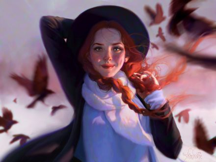 Обои на рабочий стол Девушка в шляпе в окружении птиц, by Pauline Voв