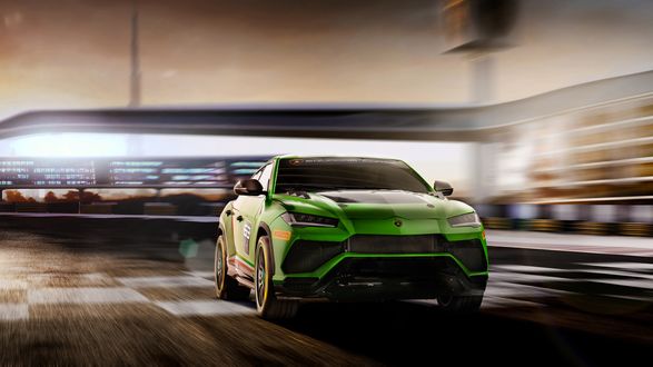 Обои на рабочий стол Концептуально новый Lamborghini Urus ST-X проезжает на скорости финишную черту