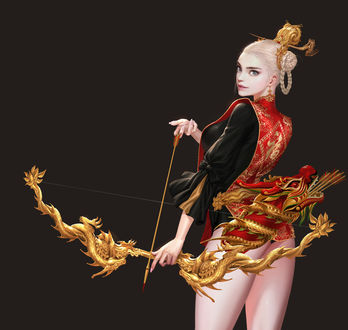 Обои на рабочий стол Девушка с луком в виде дракона, by Sis