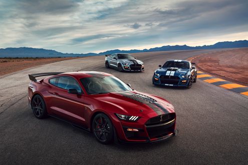 Обои на рабочий стол Обновленный Ford Mustang Shelby GT500 2019 года стоит на гоночном треке