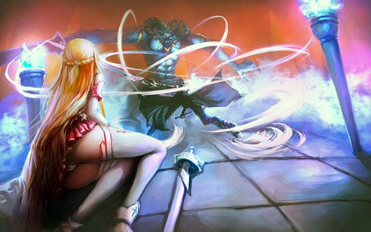 Обои на рабочий стол Yuuki Asuna / Юки Асуна и Kirigaya Kazuto / Киригая Кадзуто сражаются с боссом из аниме Sword Art Online / Мастера Меча Онлайн