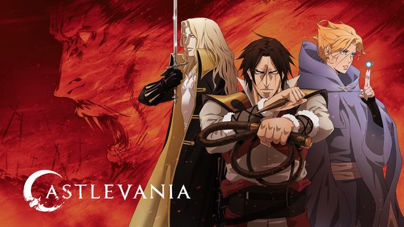 Обои на рабочий стол Вампир Alucard Adrian Farenheights Tepes, Trevor Belmont и Gabriel Belmont на фоне лица Дракулы / Dracula из аниме Castlevania, by Ayami Kojima