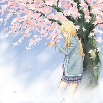Обои на рабочий стол Kaori Miyazono стоит у весеннего дерева из аниме Shigatsu wa Kimi no Uso / Твоя апрельская ложь
