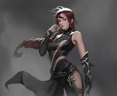 Обои на рабочий стол Девушка-боец в черном платье, by qu zhao