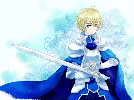 Обои на рабочий стол Eugeo Synthesis Thirty Two / Юджио Синтезис Сети Ту c мечом голубой розы в руке арт персонажа из аниме Sword Art Online Alicization / Мастера Меча Онлайн Алисизация