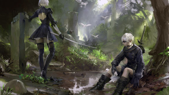 Обои на рабочий стол YoRHa №2 тип B и YoRHa №9 тип S из игры NieR: Automata, by San TEZ