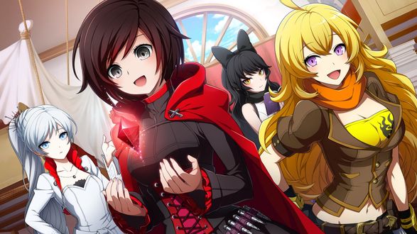 Обои на рабочий стол Ruby Rose / Руби Роуз, Weiss Schnee / Вайс Шни, Blake Belladonna / Блейк Белладонна, Yang Xiao Long / Янь Сяо Лун из аниме RWBY / Красный, Белый, Черный, Желтый
