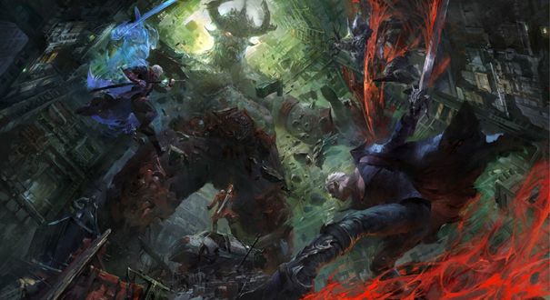 Обои на рабочий стол Битва воинов с демоном, арт к игре Dantes Inferno, by San TEZ