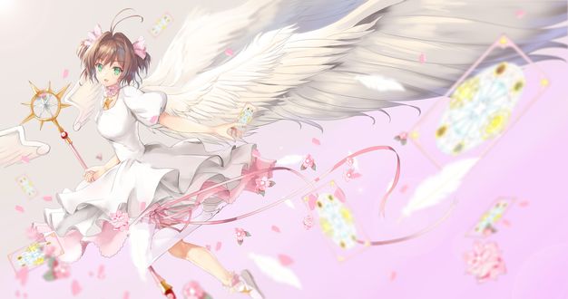 Обои на рабочий стол Сакура Киномото / Sakura Kinomoto с жезлом и белыми крыльями из аниме Сакура собирательница карт / Cardcaptor Sakura