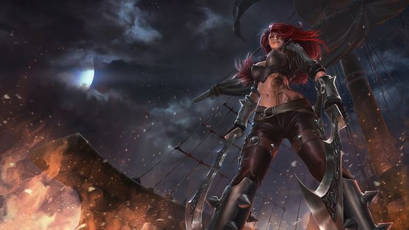 Обои на рабочий стол Katarina / Катарина на фоне ночного неба с мечами в руках стоит на палубе горящего корабля из игры League of Legends / Лига Легенд